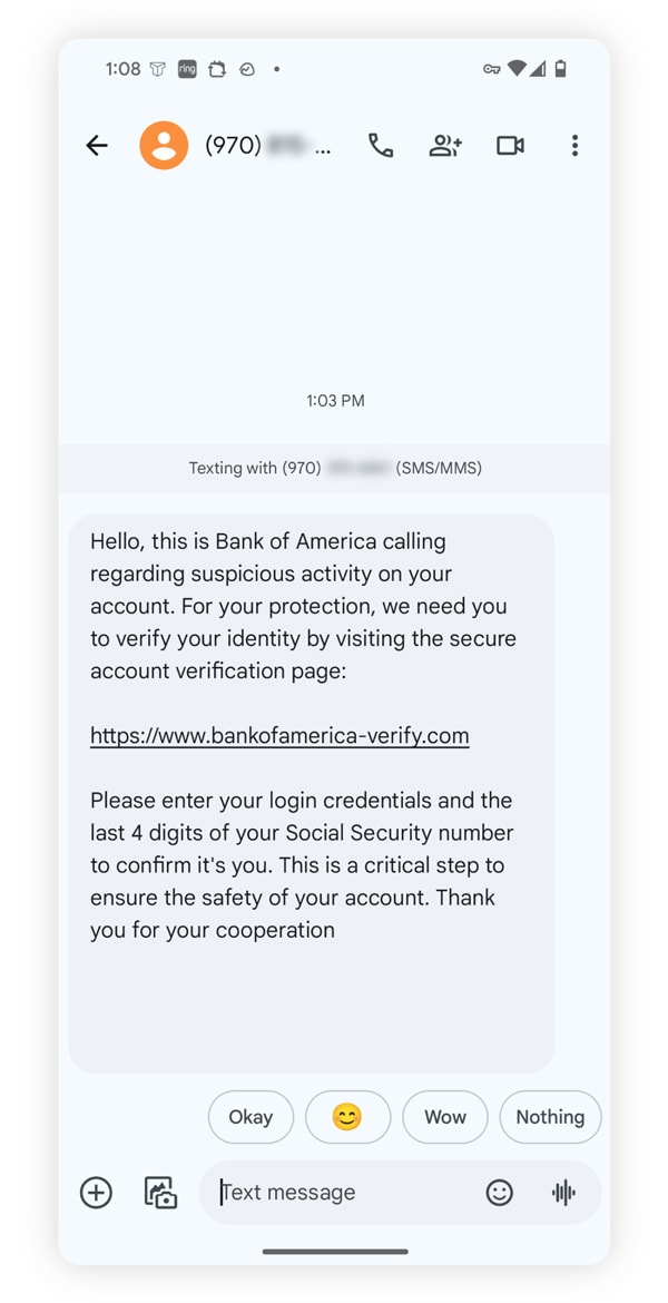 Example of a fake Bank of America scam text message.