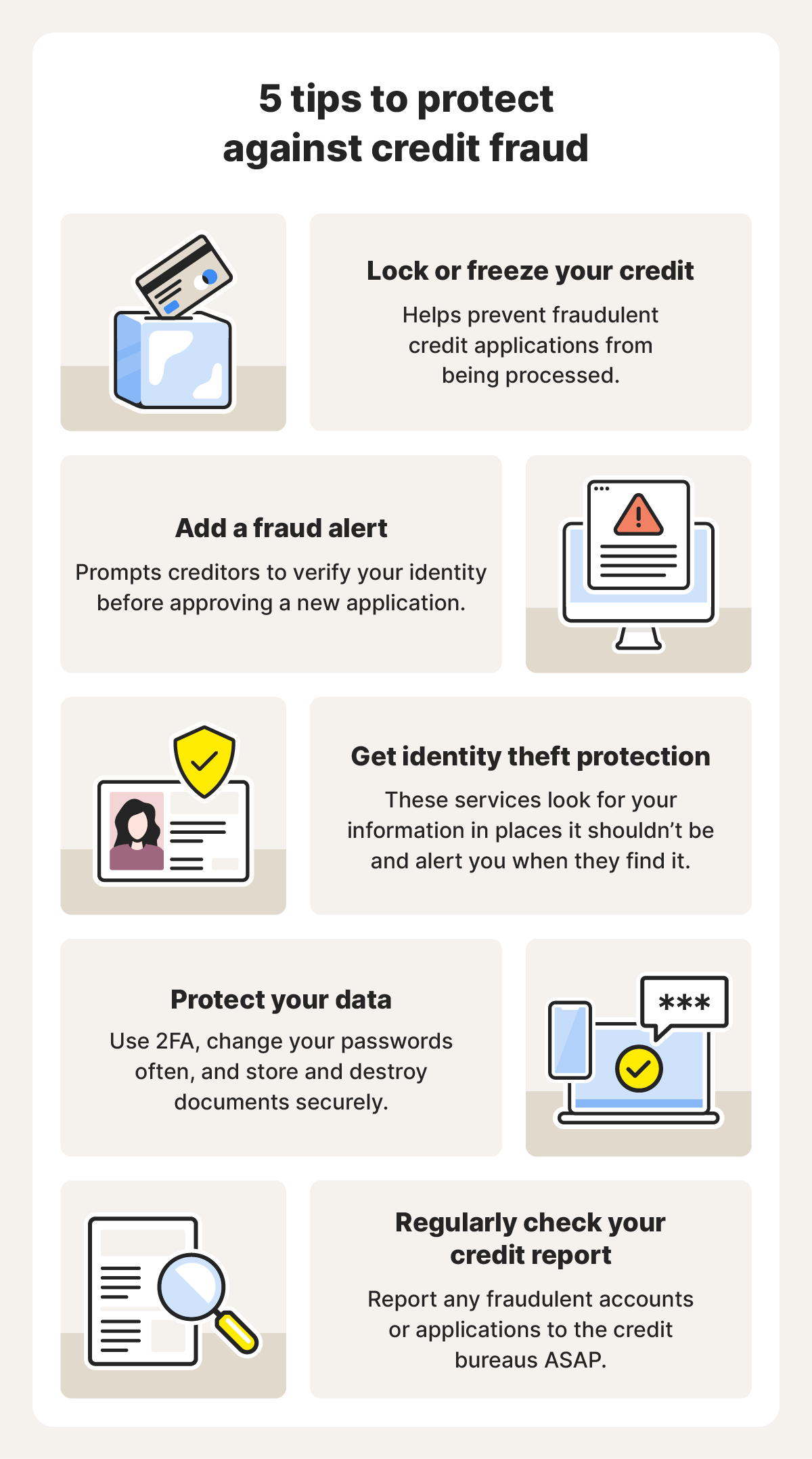 Infographic showing how to protect your credit report with tools like credit freezes and credit locks.