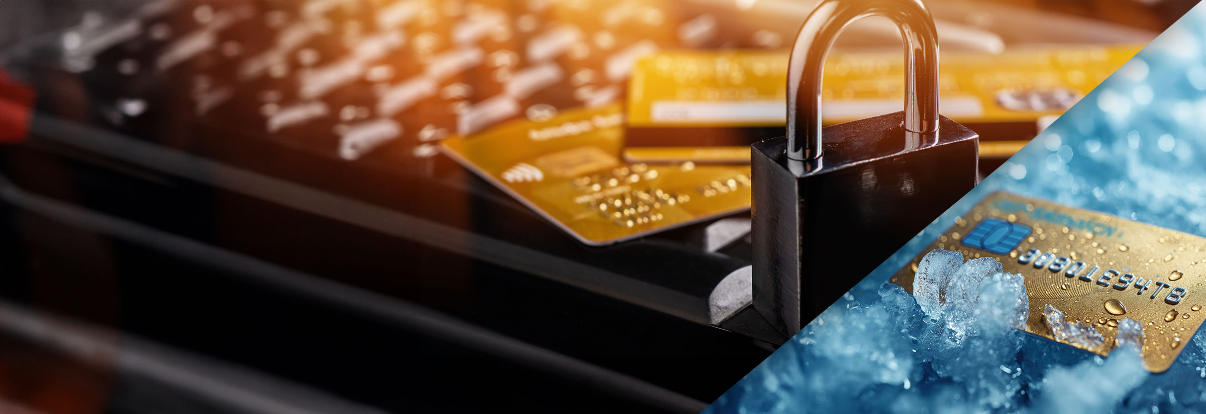 An image showing credit cards with padlocks and ice, symbolizing the difference between credit locks and credit freezes.