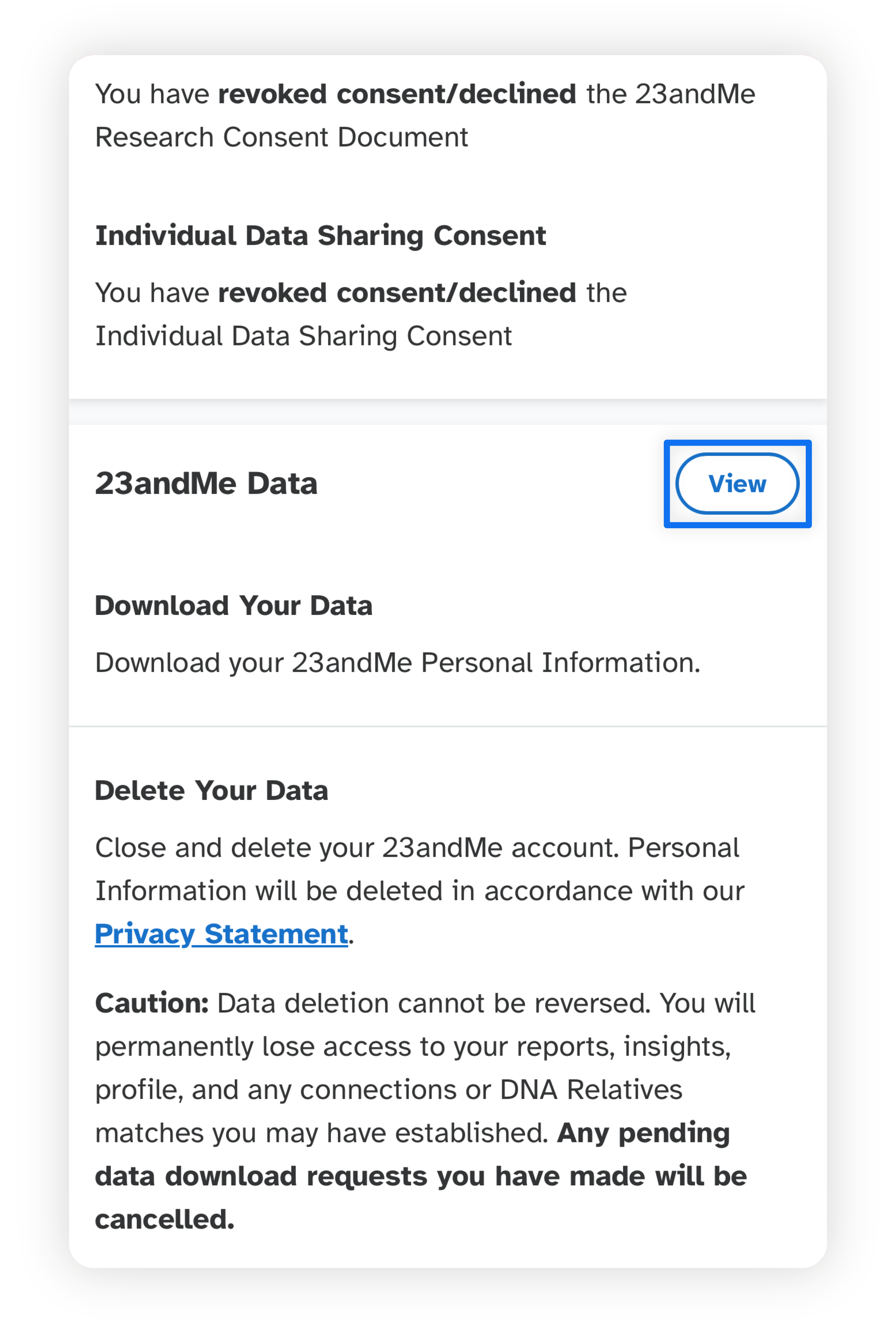 Screenshots highlighting the steps to delete 23andMe data, with boxes around the buttons to click.