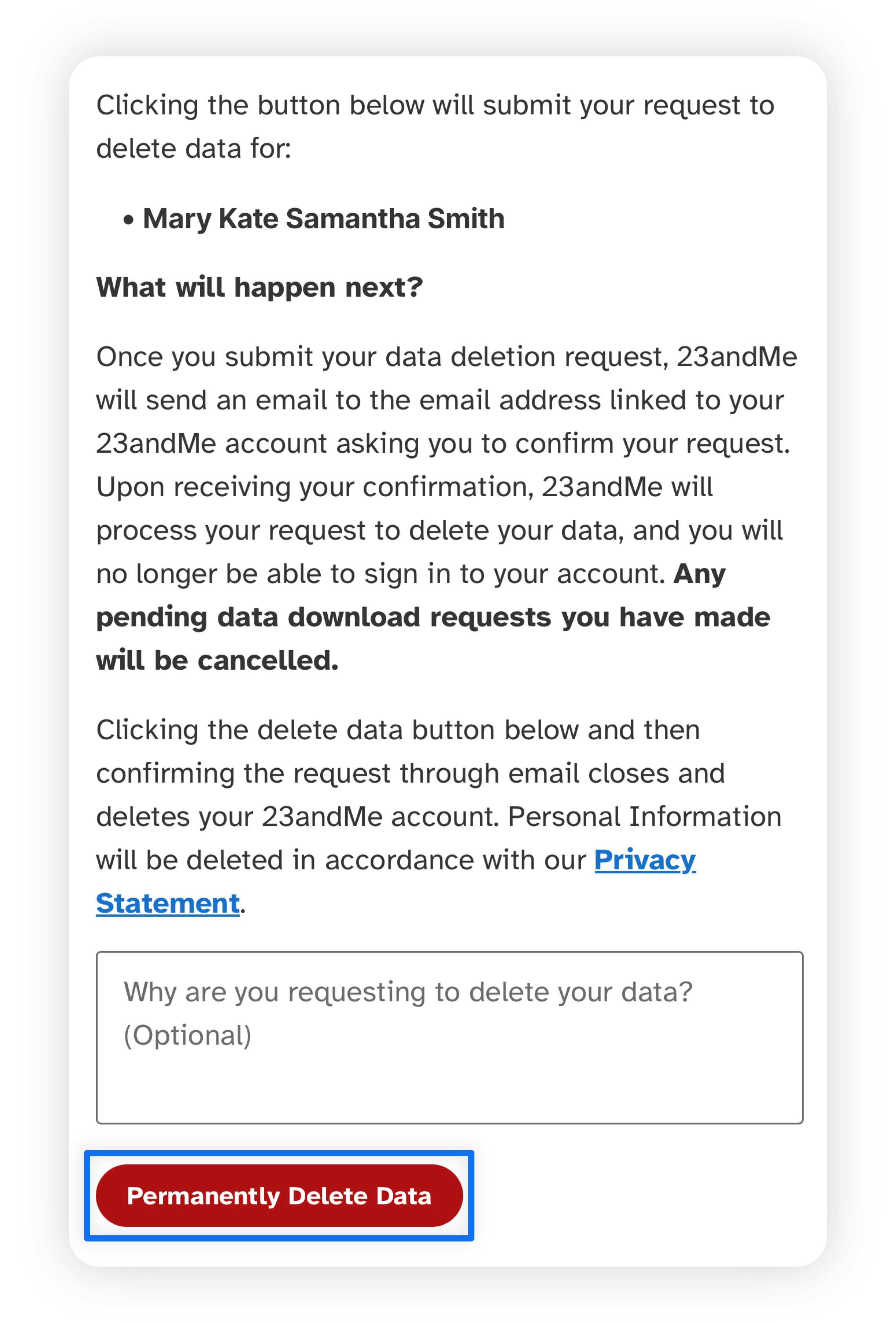 Screenshots highlighting the steps to delete 23andMe data, with boxes around the buttons to click.