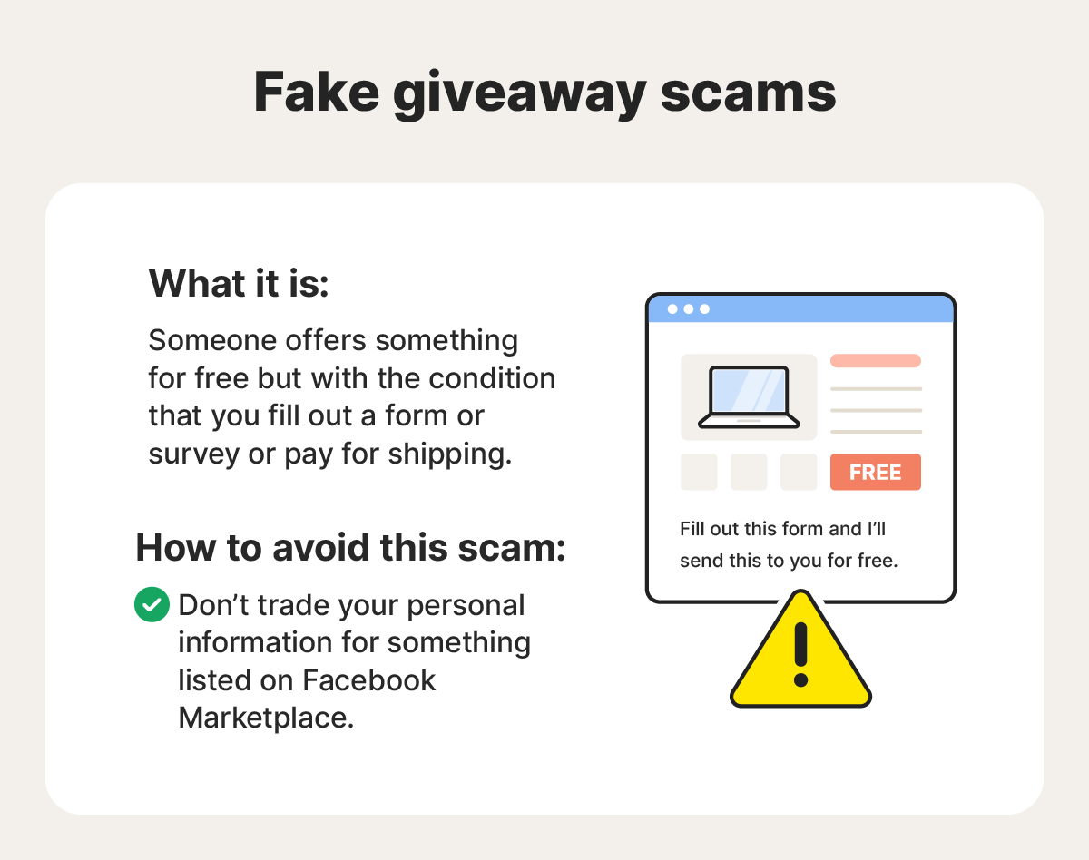 An explanation of what a fake giveaway scam is and a tip to avoid it, including not trading your personal information for something listed on Facebook Marketplace.
