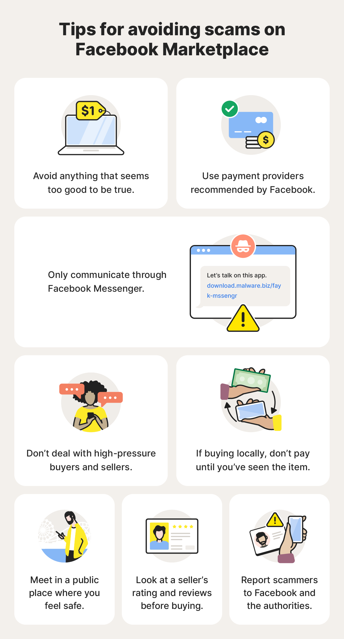Tips for avoiding scams on Facebook Marketplace, including avoiding anything that seems too good to be true and using payment providers recommended by Facebook.