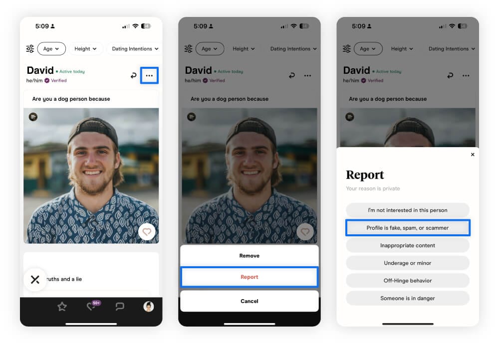 Screenshots taken from Hinge showing the steps for reporting a scammer.