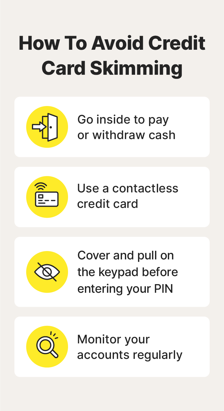 Icons showing how to avoid credit card skimming.