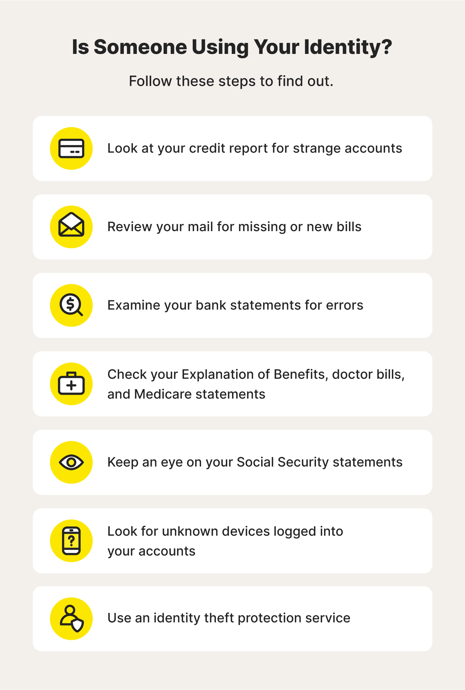 Chart covering steps to take to examine whether someone is using your identity with icons for examining credit reports, bills, and statements. 