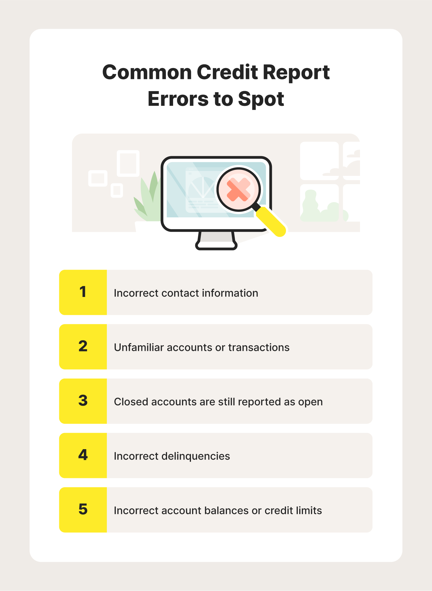 A list of common mistakes that appear on credit reports.