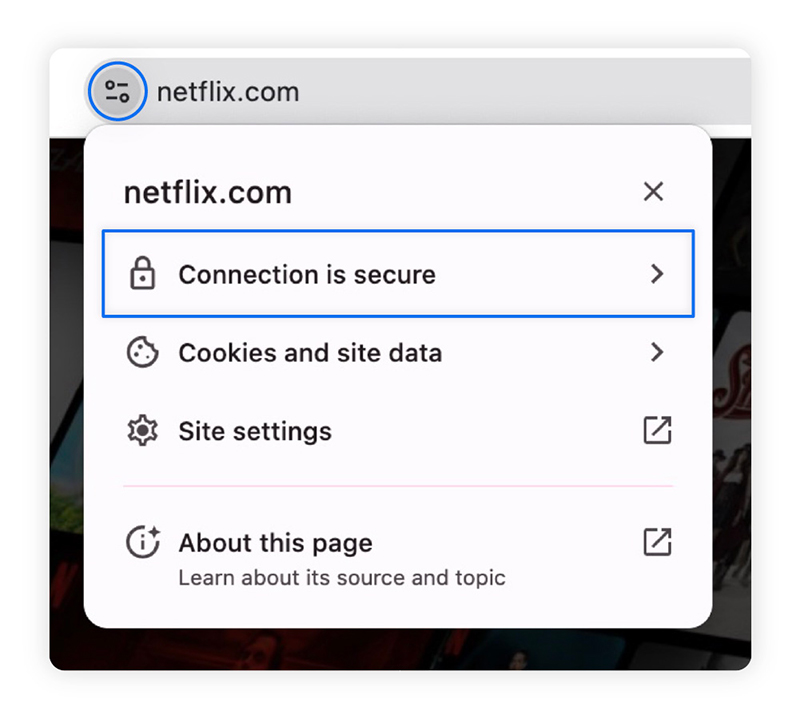 Chrome browser menu showing a secure HTTPS connection for a website.