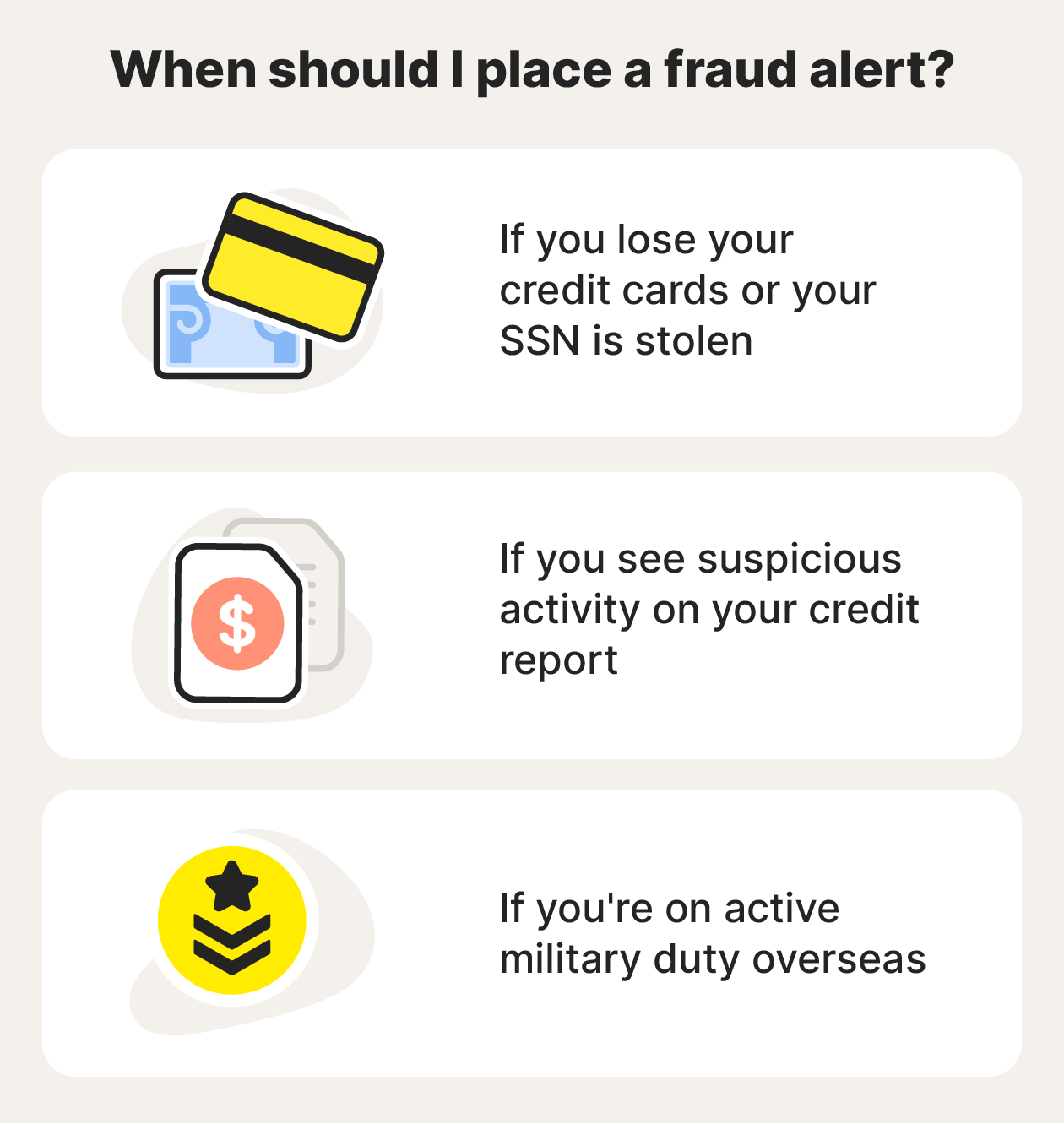 A graphic explaining when you should place a fraud alert with the credit bureaus.