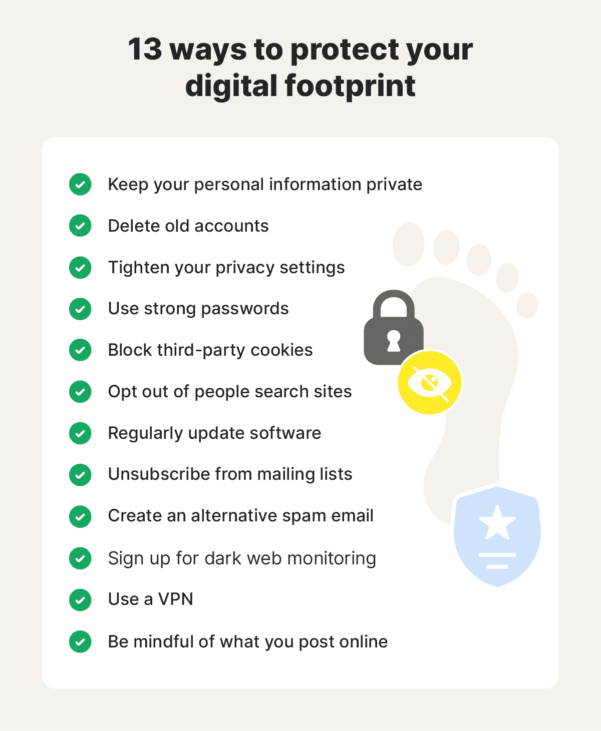 Checklist of 13 ways to protect your digital footprint.