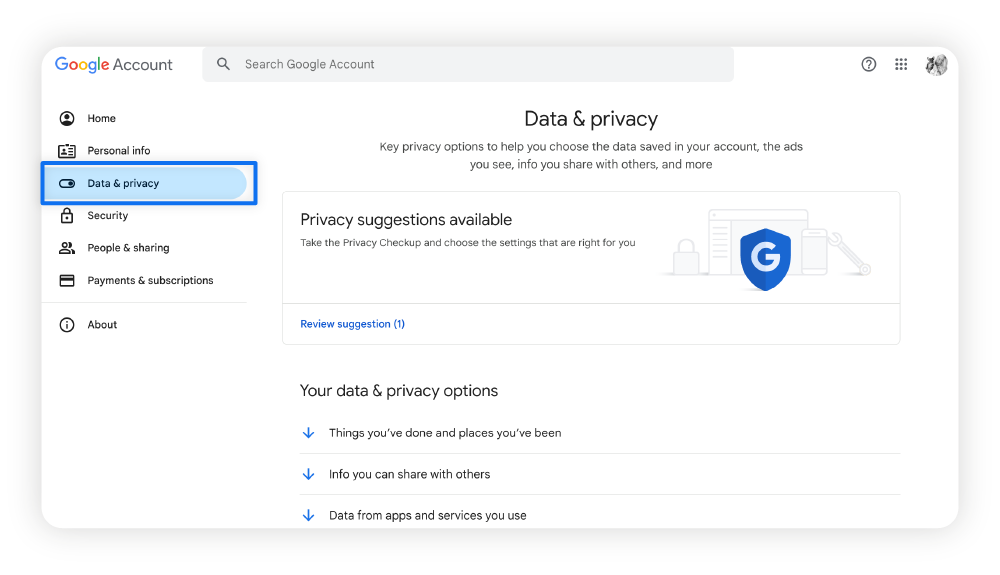 Screenshot of Google’s Data and privacy dashboard.