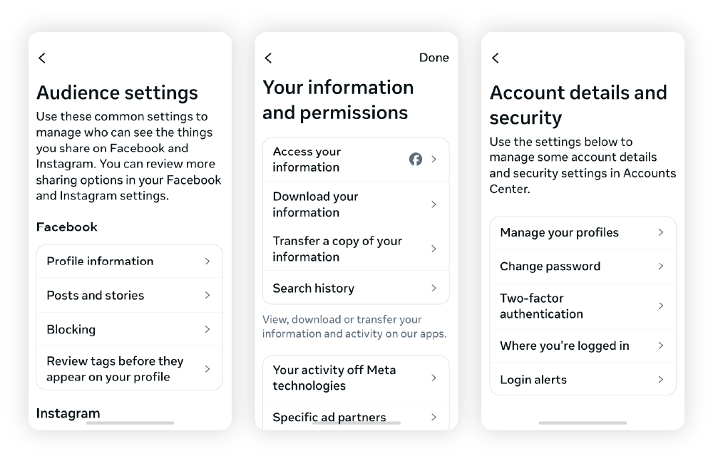 Screenshots showing the steps for updating privacy settings on the Facebook app.