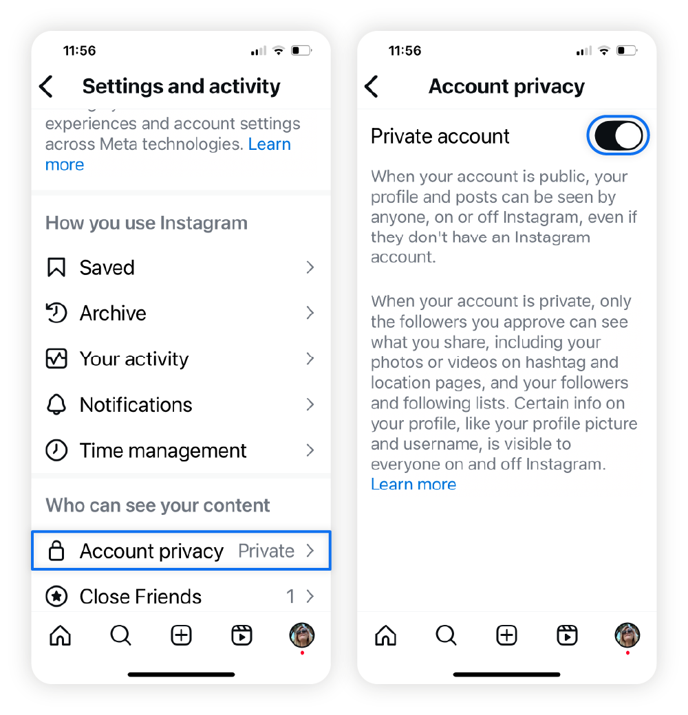 Screenshots showing how to make your account private on Instagram.