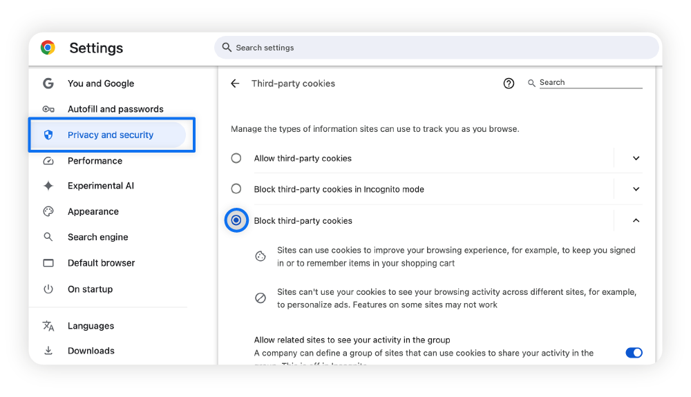 Screenshot showing how to block third-party cookies on Google Chrome.