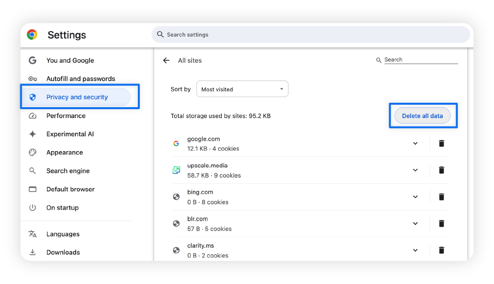Screenshot showing how to delete third-party cookies on Google Chrome.
