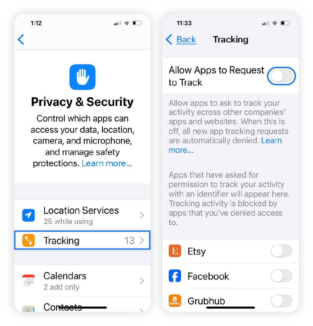 Screenshots showing how to restrict app permissions on iPhone.