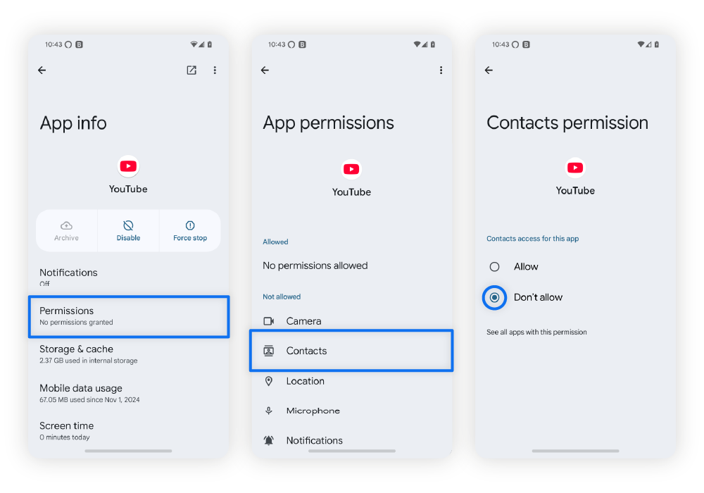 Screenshots showing how to restrict app permissions on Android.