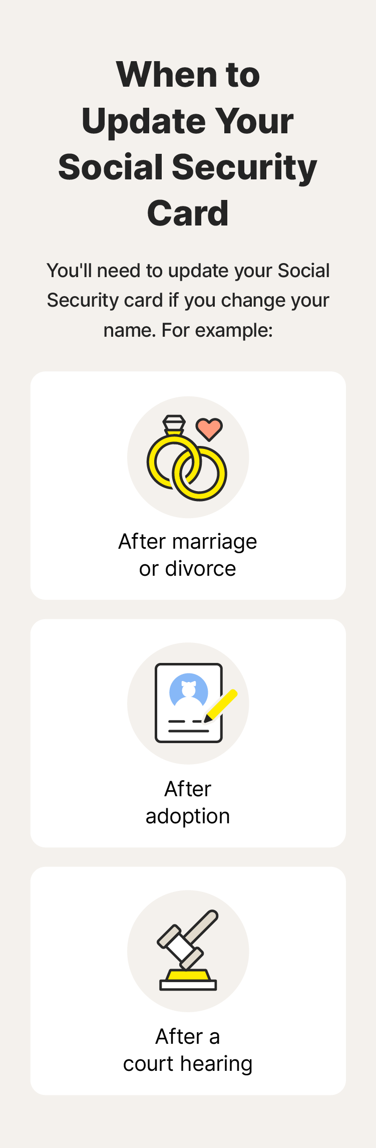 A graphic shares three circumstances when you may need to replace a Social Security card due to a legal name change.