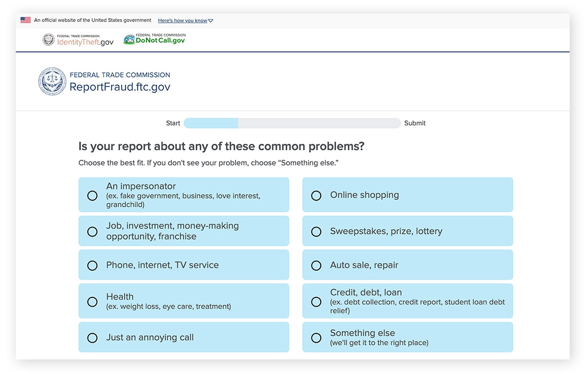 The FTC page for reporting fraud.