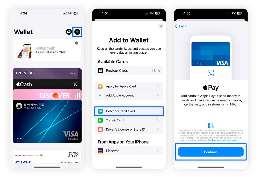 Screenshots showing how to add a card to your Apple Wallet using an iPhone.