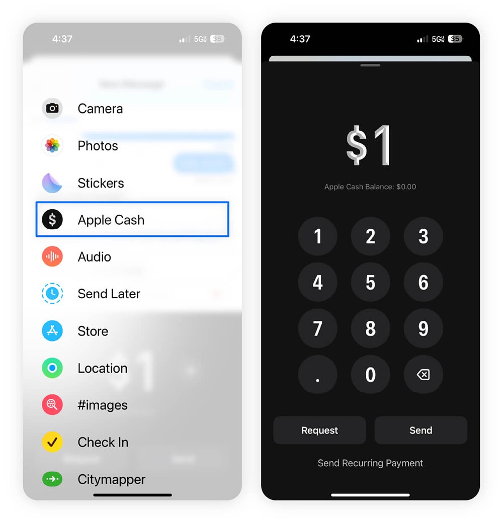 Screenshots showing how to use Apple Cash.