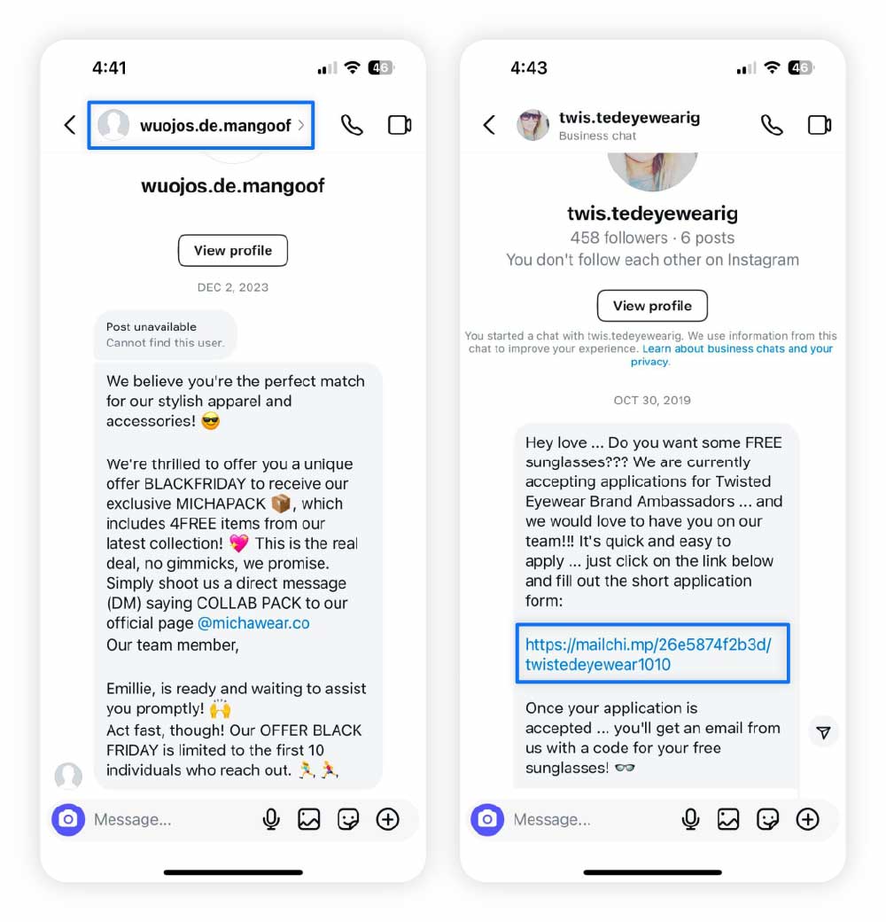 Side-by-side screenshots show examples of Instagram brand collaboration scams.