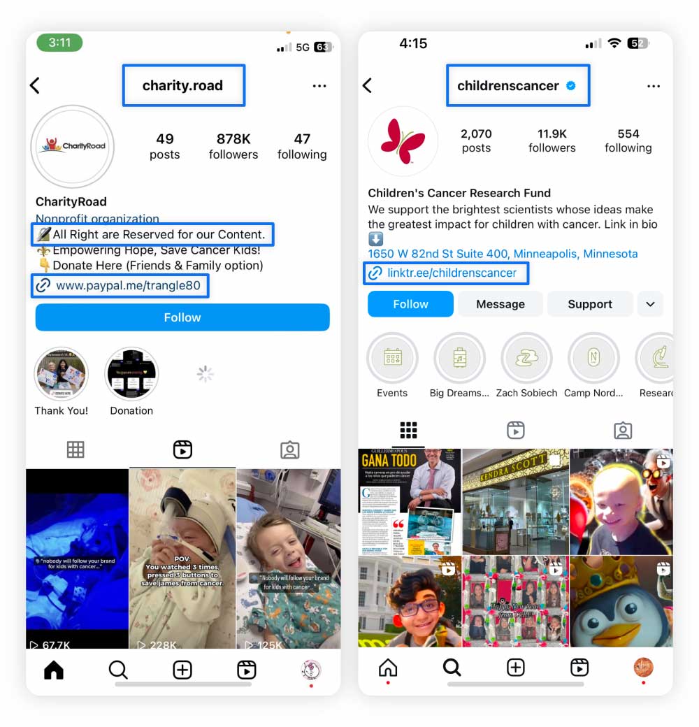 Side-by-side screenshots show the difference between a fake and real Instagram charity account.
