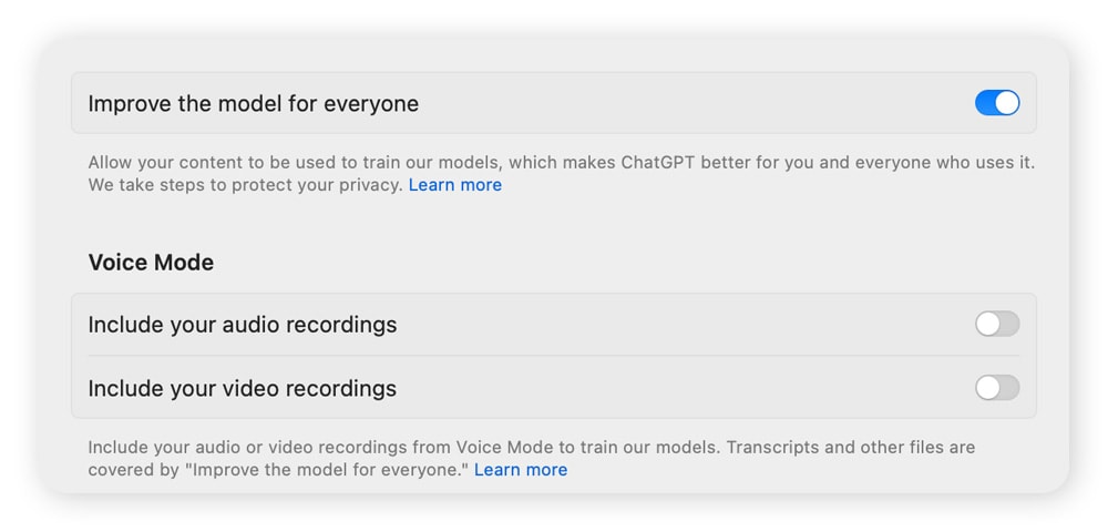 Disable "improve the model for everyone" in ChatGPT's Data Controls menu.