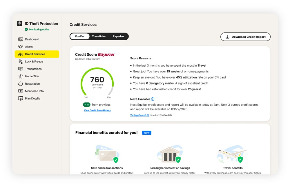 Screenshot of LifeLock’s credit monitoring interface.