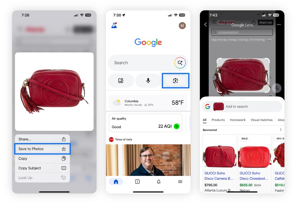 Screenshots of a reverse image search on an iPhone.