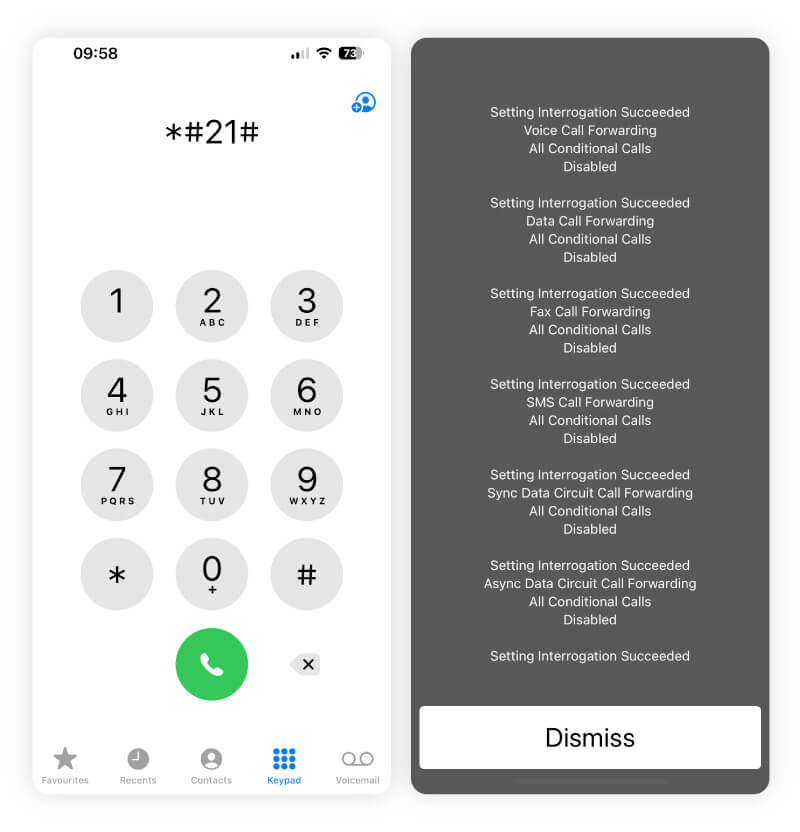A screenshot showing how to check call forwarding details by dialing *#21#.