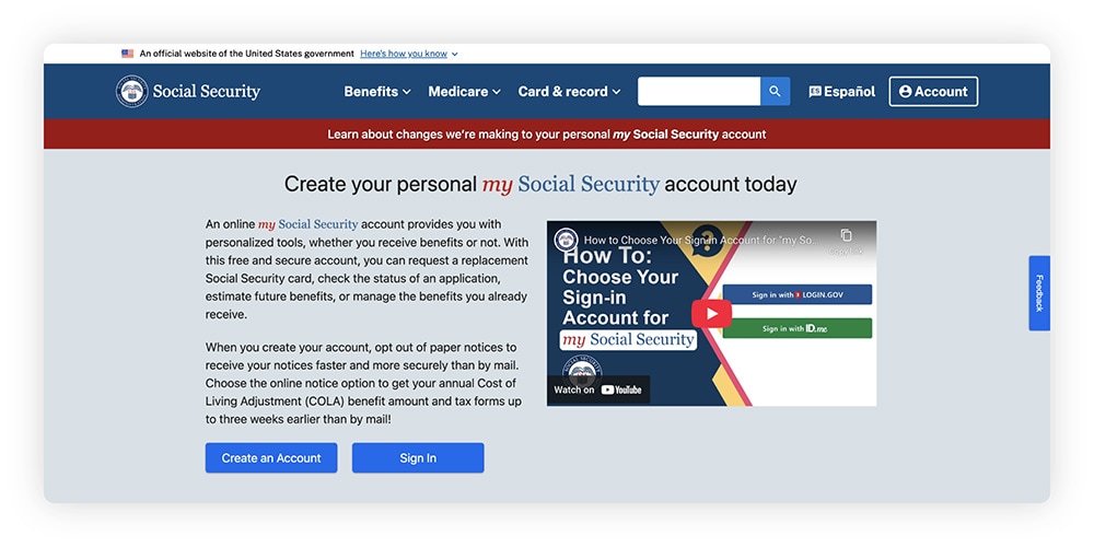 The ssa.gov/myaccount website interface with options for creating an account and signing in.