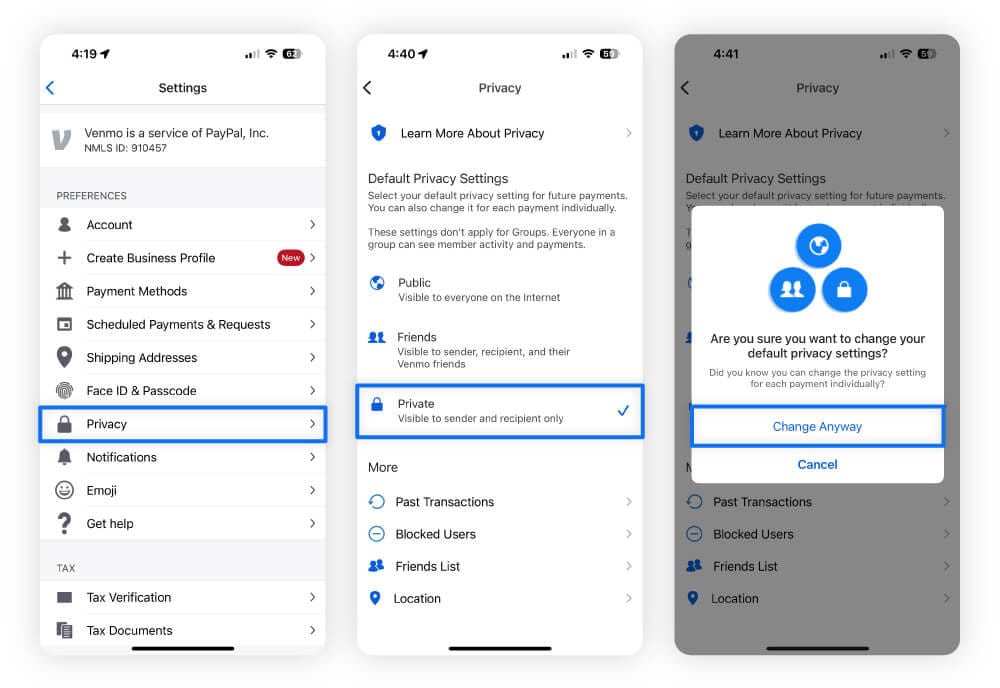 Screenshots showing how to update your Venmo privacy settings on your device.