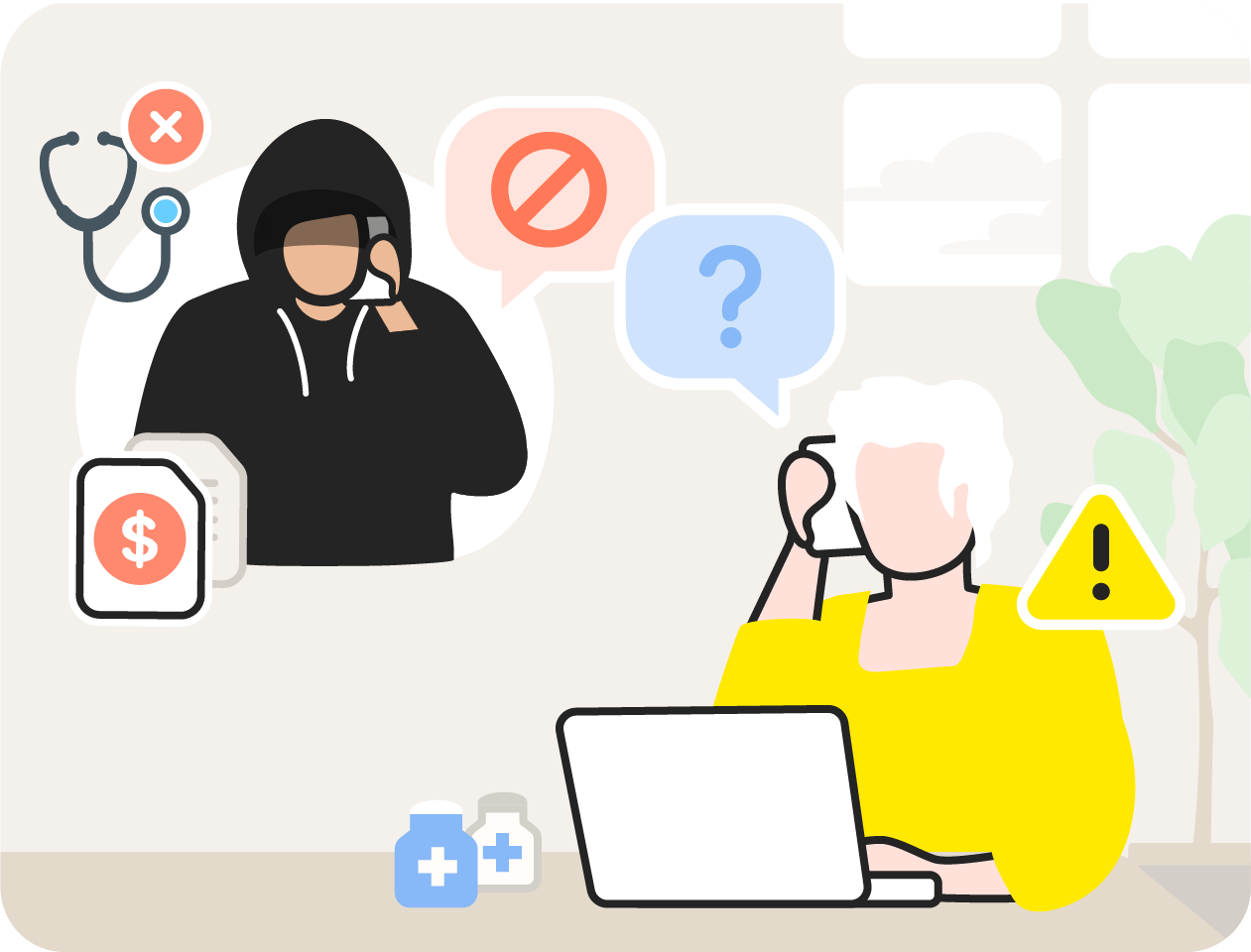 A scammer telling a woman her Medicare benefits have been canceled.