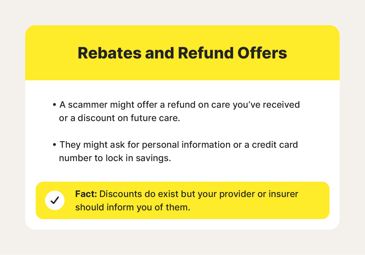 A chart covers one of the most common Medicare scams, offers of refunds or rebates.