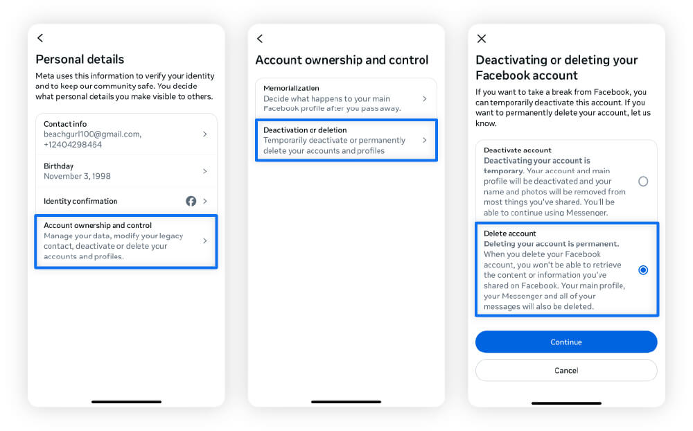A set of screenshots showing how to delete Facebook.