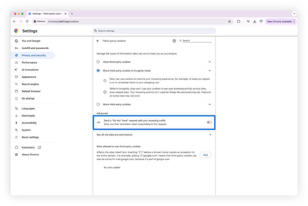 A screenshot guiding users through enabling Do Not Track on Google Chrome.