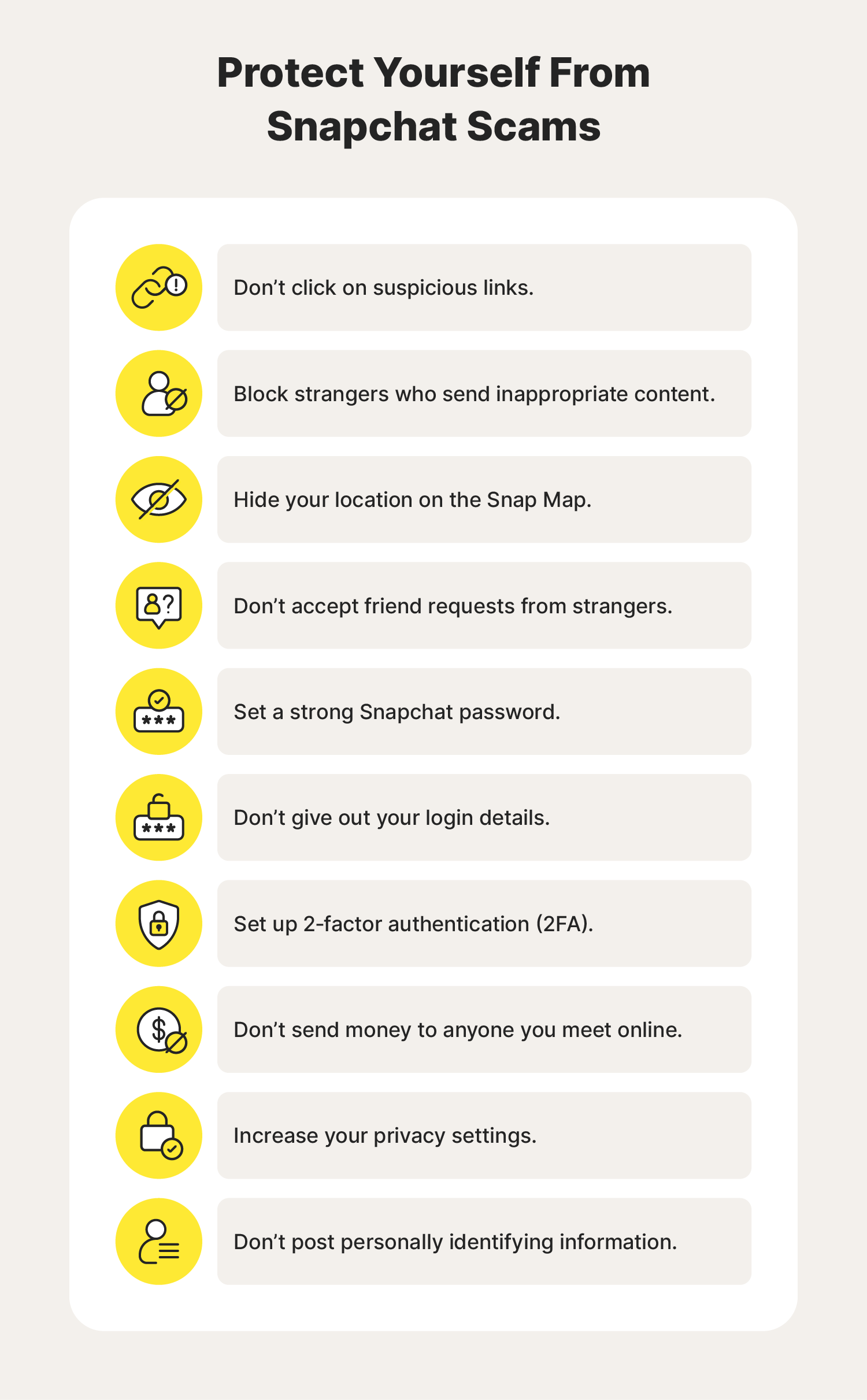 A list of strategies Snapchat users can leverage to protect themselves from Snapchat scams.