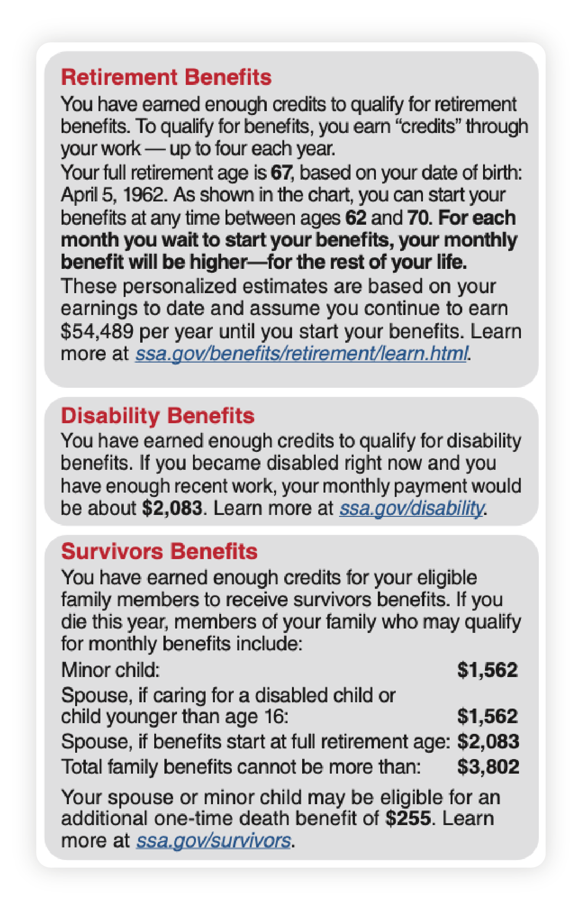 A Social Security statement showing different benefit estimates.