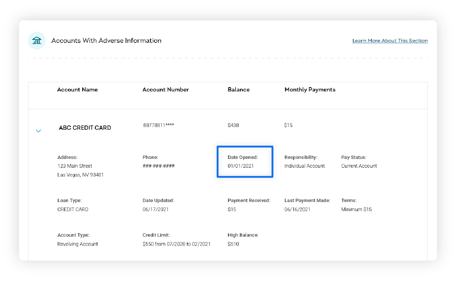 A screenshot of a credit report showing how to check when an account was opened.