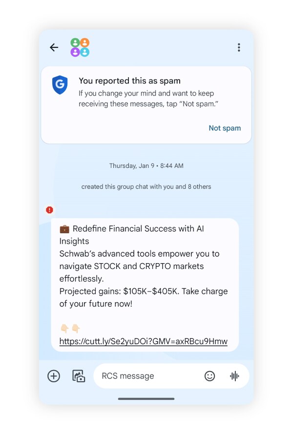 A crypto text scam claiming to offer effortless investment of stocks and cryptocurrency.