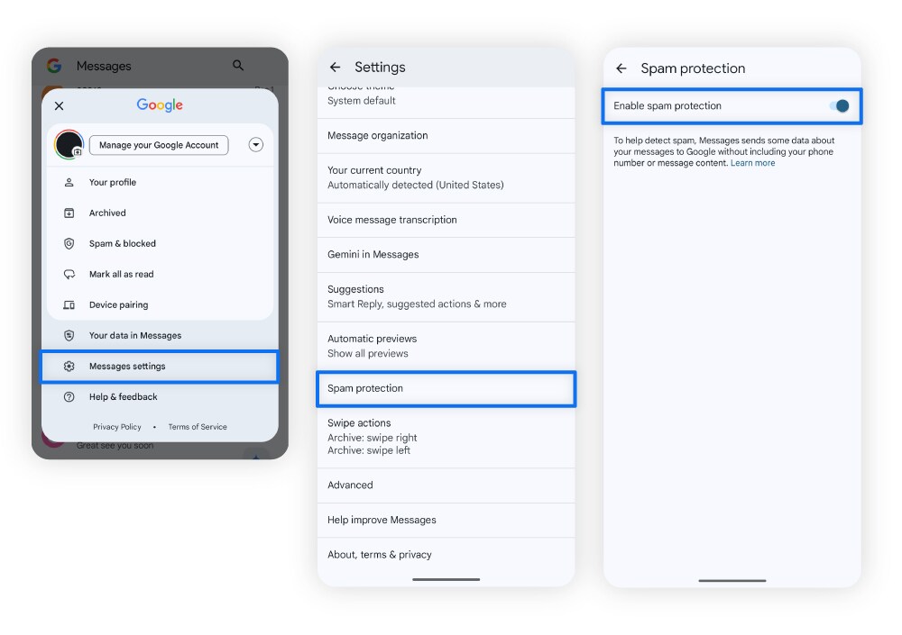 A series of Android phone screenshots showing how to enable spam protection.