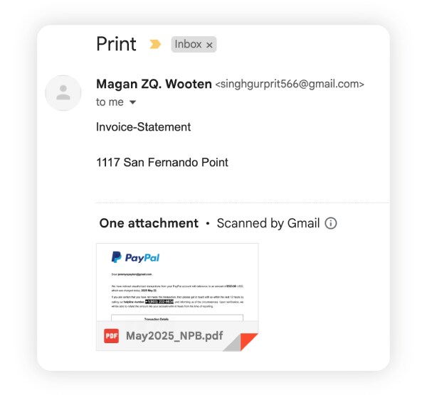 A screenshot showing an example of a fake invoice email.