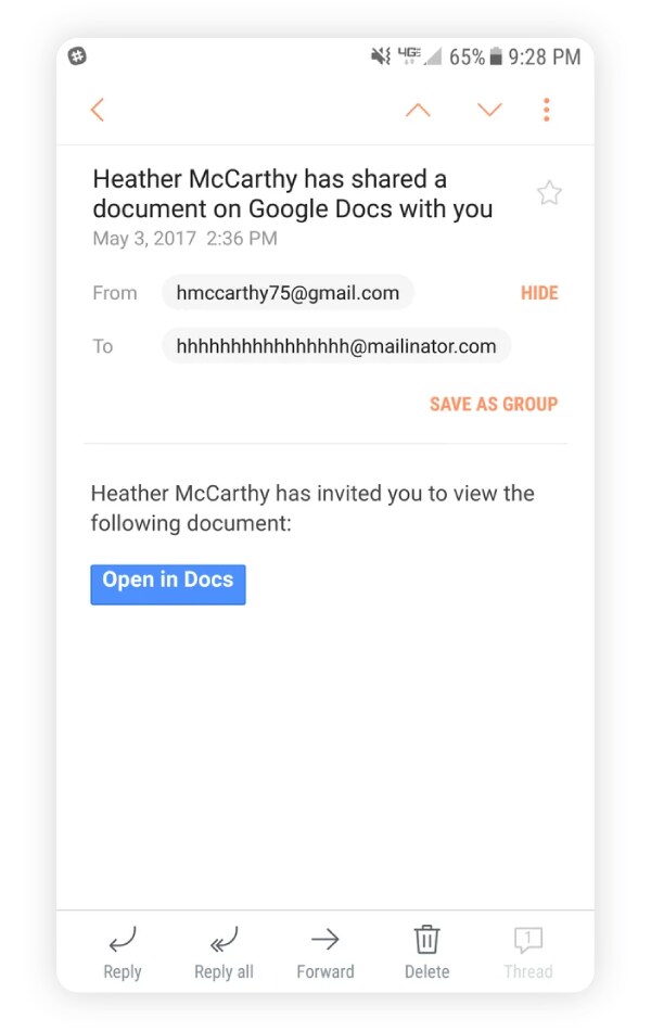 A screenshot showing an example of a fake Google Docs invite email.