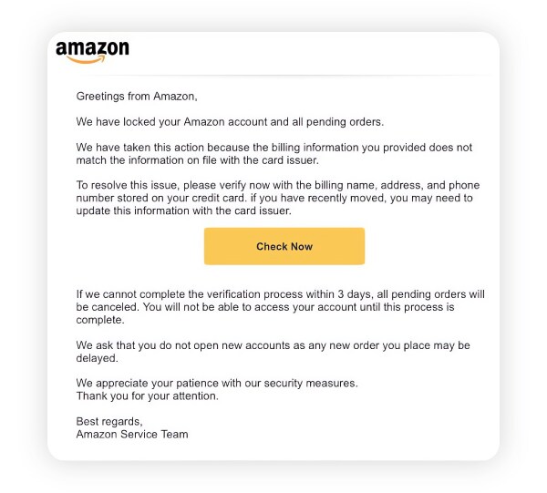 A screenshot showing an example of an Amazon scam email.