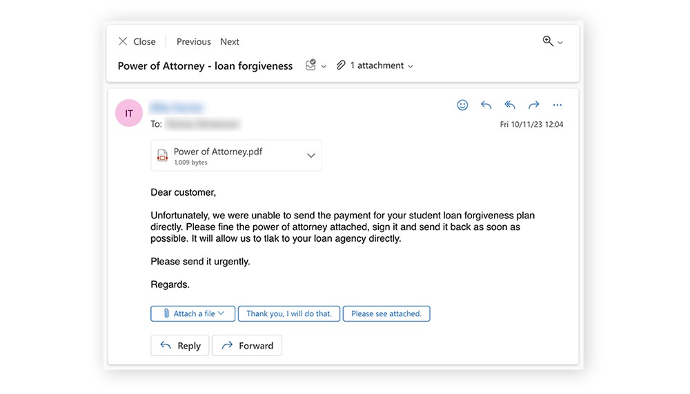 A student loan forgiveness scammer email requesting a power of attorney.