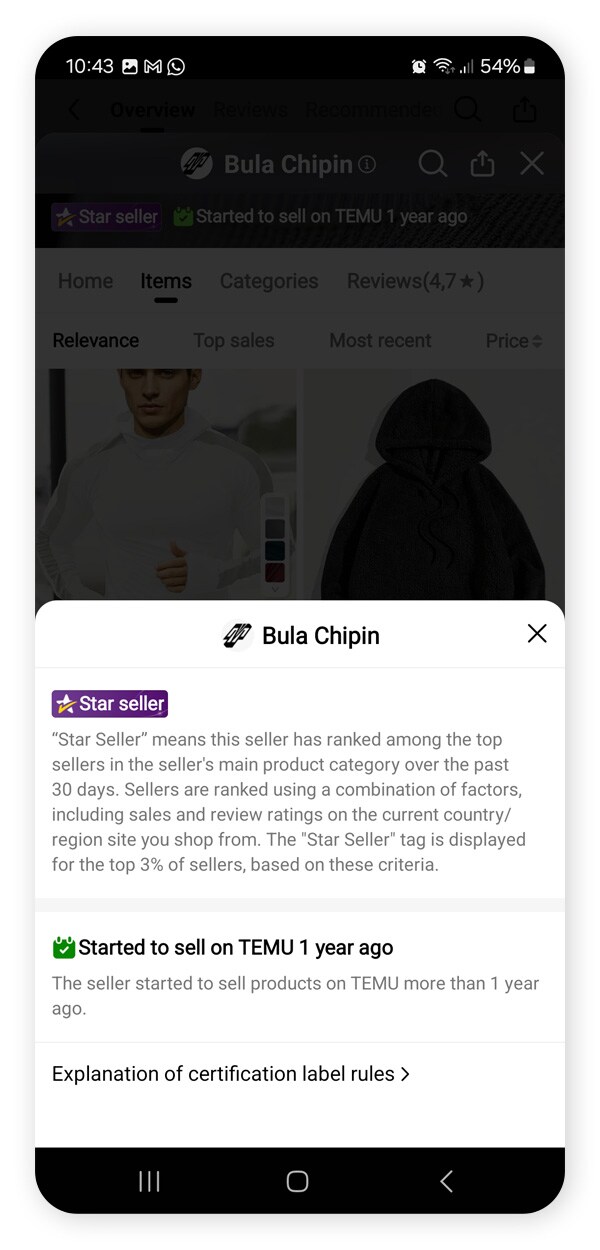 An example of a "star seller" on Temu, a verification that the seller is more legitimate than others.
