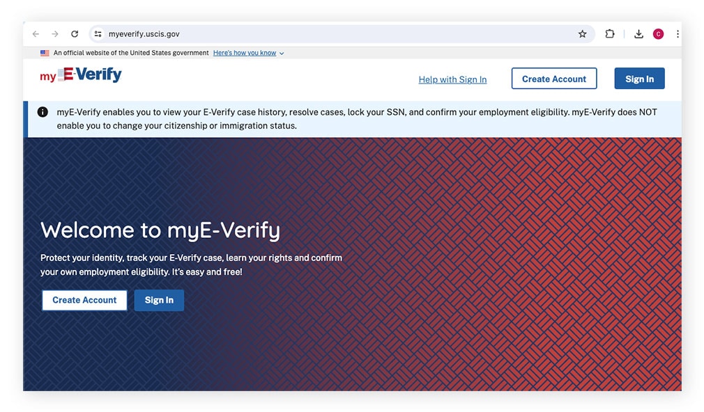 The E-Verify homepage, where you can lock your social security number.