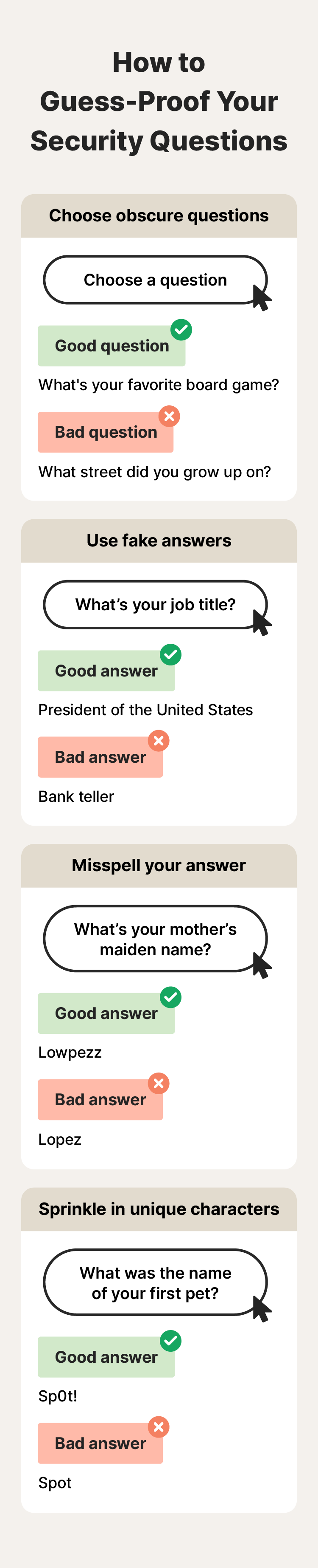 An image explaining how you can make security questions and answers harder to guess.