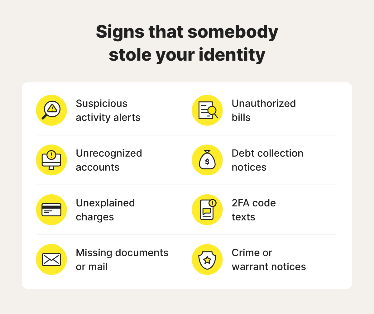 A graphic shows red flags that your identity has been stolen.